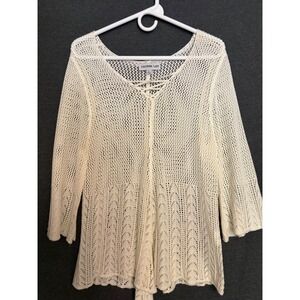 Southern Lady Cream Lace Up V-Neck Open Knit Crochet Sweater Top Ivory Large